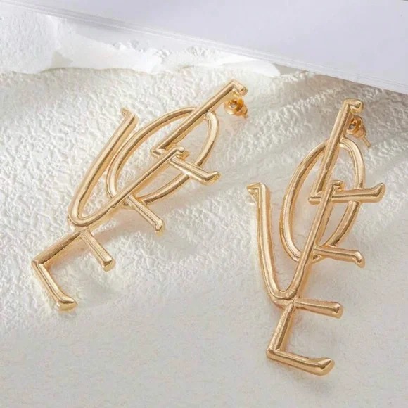 Gold 'LOVE' Statement Drop Earrings for Women - Picture 2 of 3